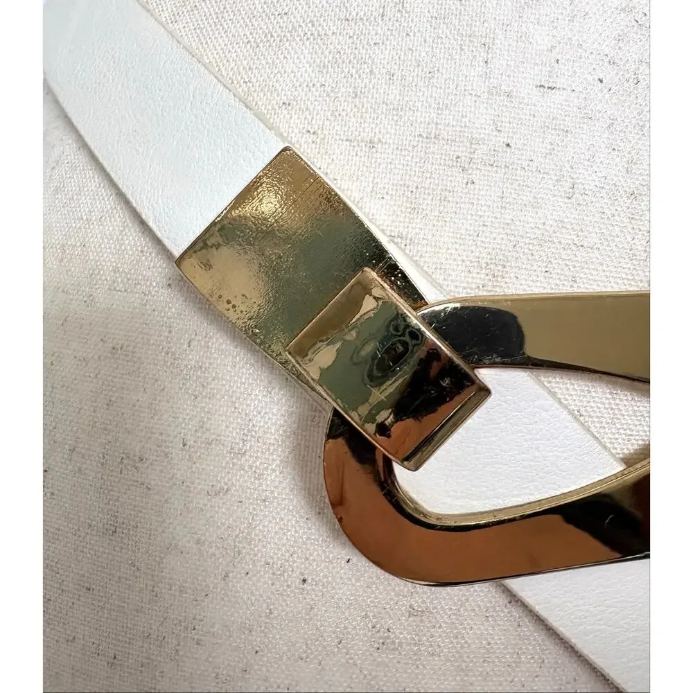 White Faux Leather Belt Gold Prong Buckle Women’s Size L XL Modern Y2K Waist